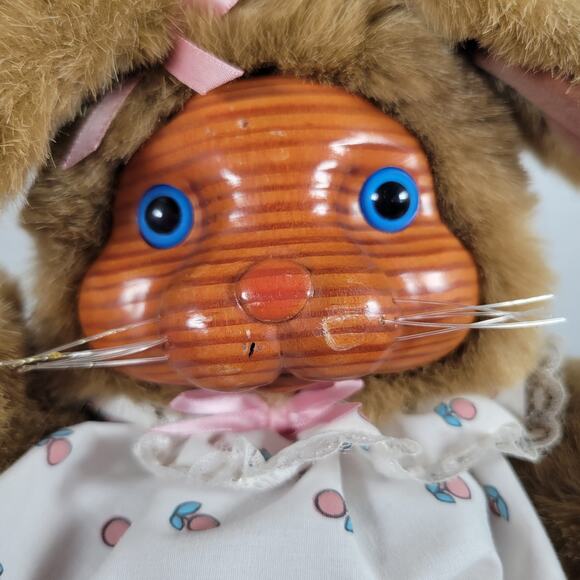 Applause Plush Bunny 12" Vintage 1985 Rakes Wood Face Lace Dress Collectible - Picture 6 of 16